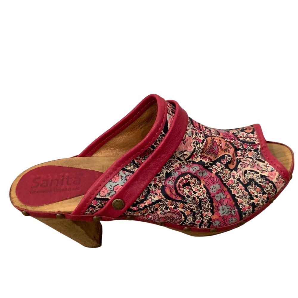 Sanita Paisley Open Toe Clogs 37 Pink Textile Wood Bohemian Retro Womens Heels